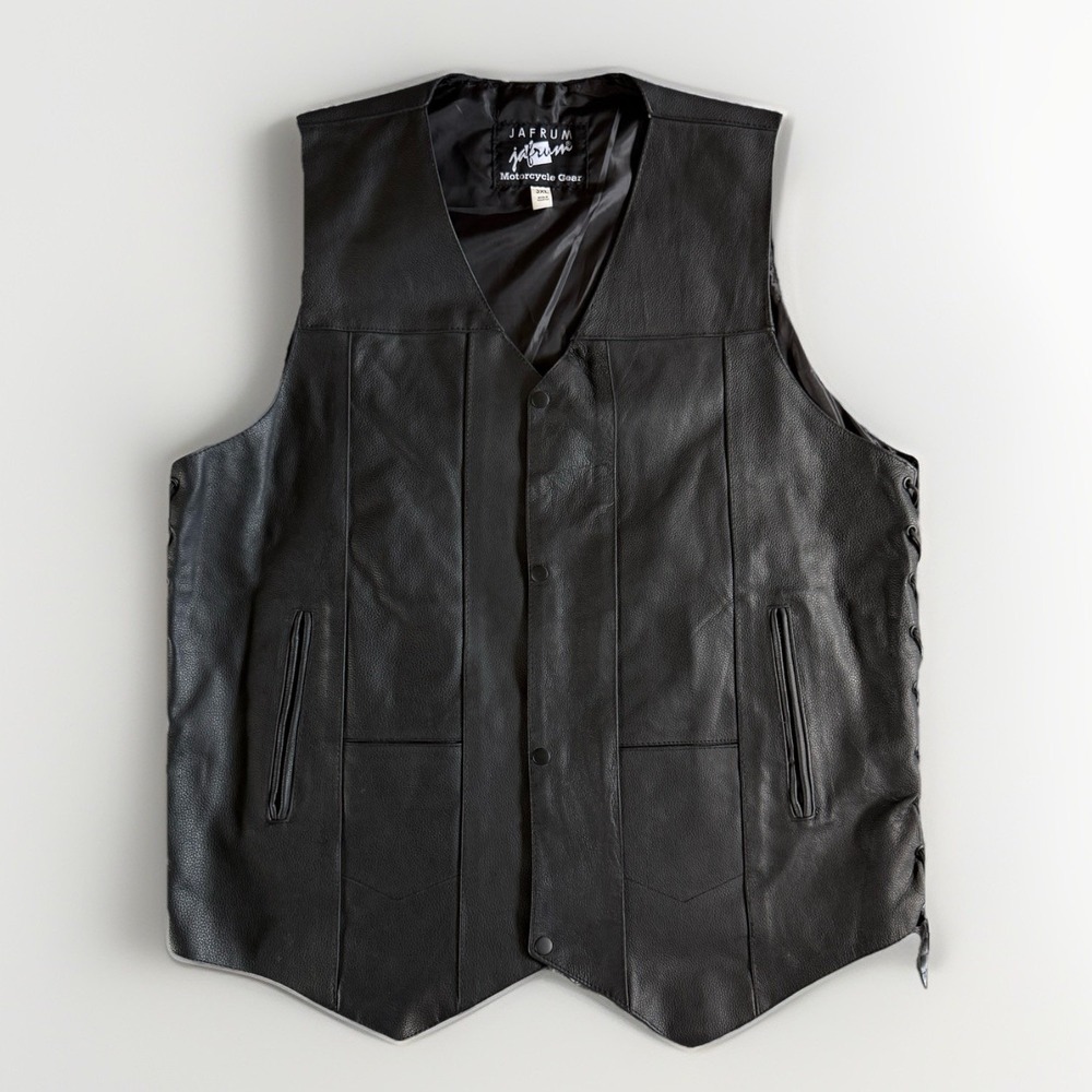 Mens Jafrum Leather Biker Vest 3XL Black Motorcycle Laced Sides VTG Moto Snap